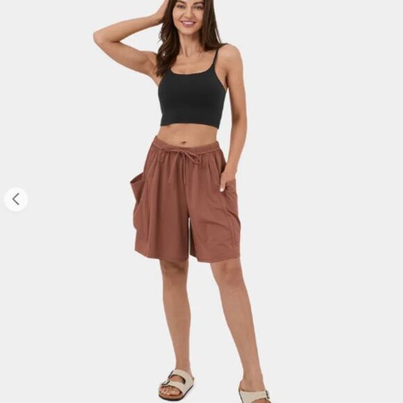 HALARA Mid Rise Elastic Waistband Drawstring Side Pocket Flowy Wide Leg Shorts S - Picture 1 of 10